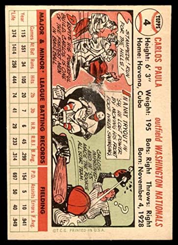 1956 Topps 4 Carlos Paula Washington Senators (Baseball Kártya) EX/MT Szenátorok