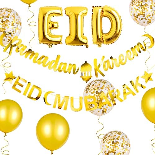 Arany Eid Mubarak Ramadan Kareem Banner Fólia Eid Léggömb Dekoráció Fémes Lóg, Csillag, Hold, Félhold Garland Iszlám