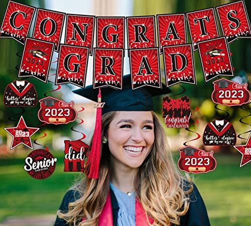 Érettségi Party Dekoráció 2023 | Congrats Grad Banner, illetve az Érettségi Lógó Díszek | Piros, Fekete Ballagás Dekoráció