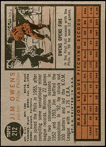 1962 Topps 212 Jim Owens Philadelphia Phillies (Baseball Kártya) NM/MT Phillies
