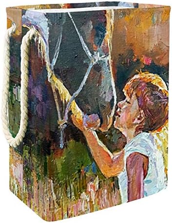 Inhomer olajfestmény Kis Aranyos Lány a Ló 300D Oxford PVC, Vízálló Szennyestartót Nagy Kosárban a Takaró Ruházat, Játékok
