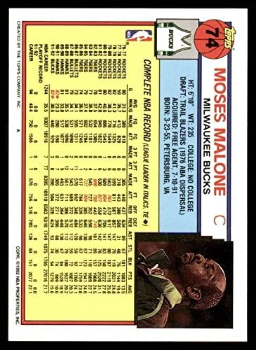 1992 Topps 74 Moses Malone Milwaukee Bucks (Kosárlabda Kártya) NM/MT Dollár